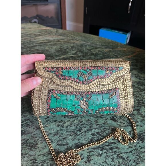 Vintage Cleopatra, like crystal stone bag, purse malachite, gold embellishments - Picture 11 of 11